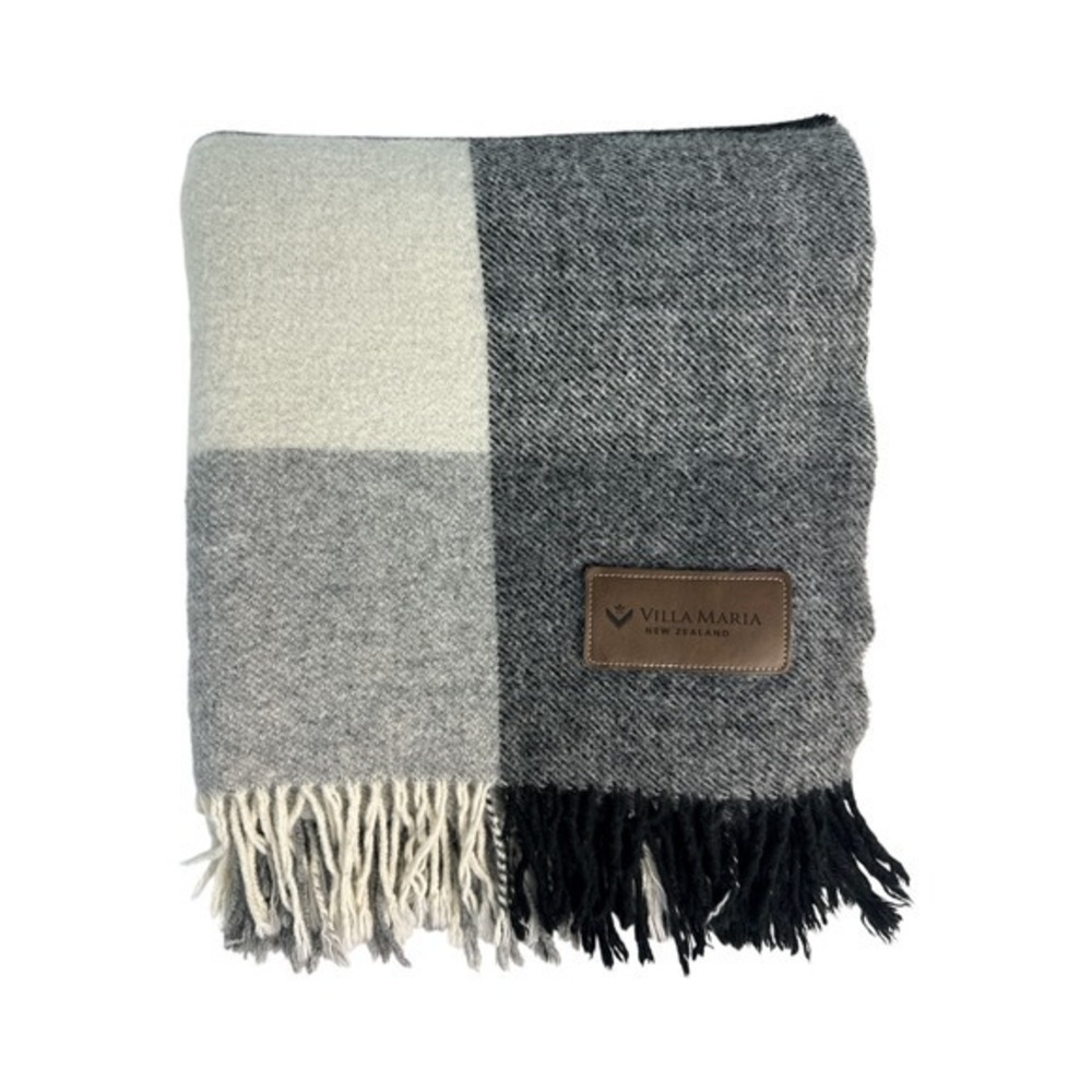 Villa Maria New Zealand Wool Plaid Throw Blanket Gray Black Ivory Fringe‎